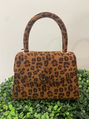 Olga Berg Leopard Print Top-Handle Satchel in Brown and Black